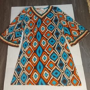 O B2-12 Crochet V-Neck Turquoise Tribal Print Dress L Boho Costal Cowgirl Hippie